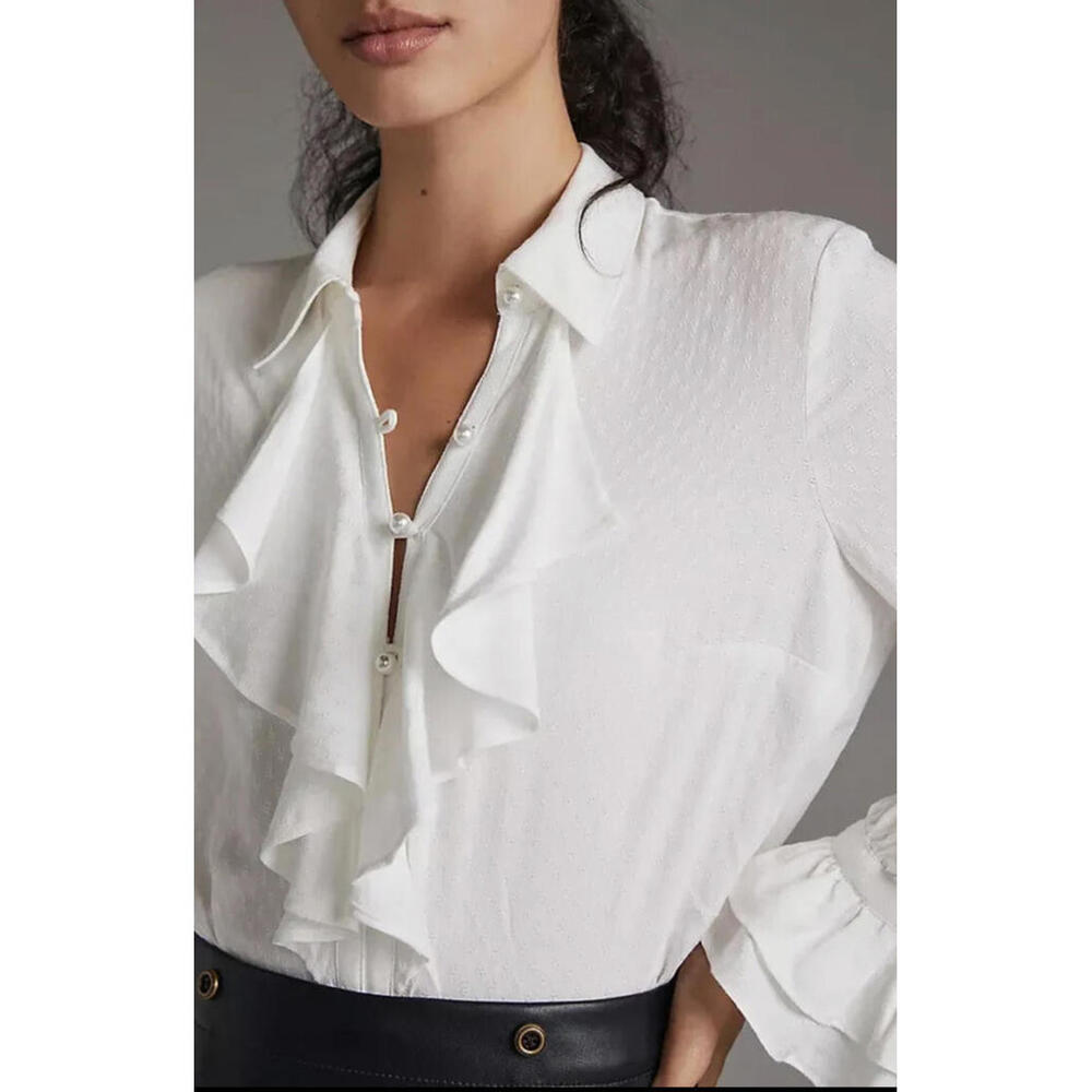 Anthropologie Ruffled Button Up‎ Blouse Womens XS White Pearl Buttons NWOT